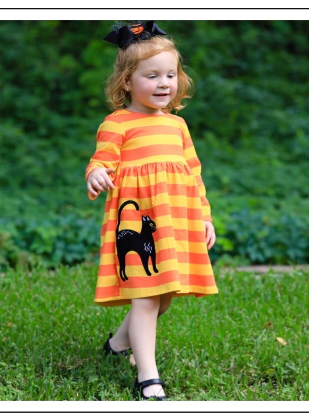Ann Loren Orange and Yellow Striped Dress with Black Cat Applique